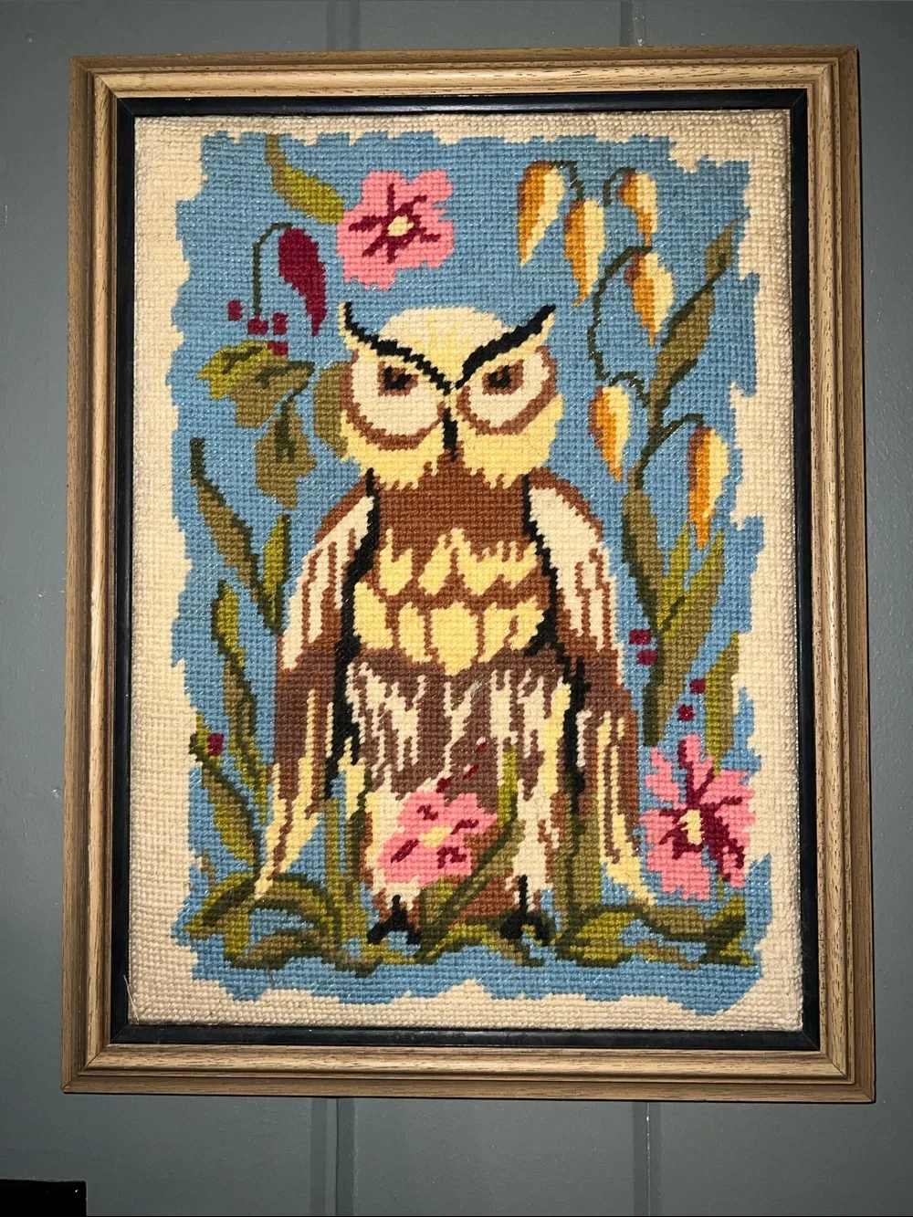 Vintage 1960’s Owl NeedleWork hand made picture. Professionally Framed